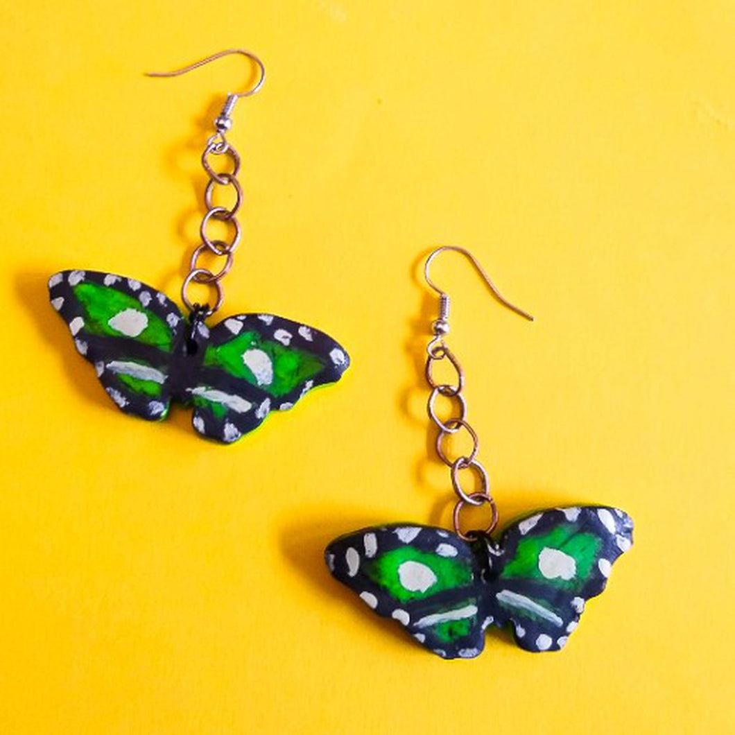 Hand painted green moth earrings