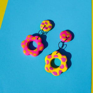 Pink and yellow polka dot flower studs