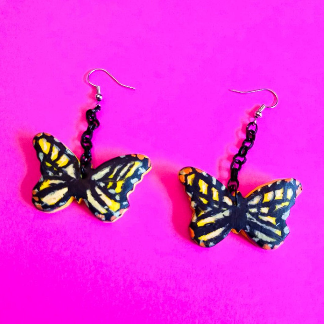 Hand painted yellow monarch butterfly earrings