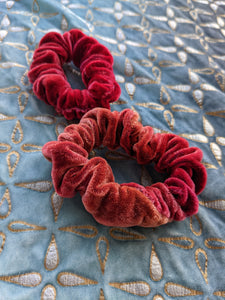 Set of two red / orange silk velvet scrunchies
