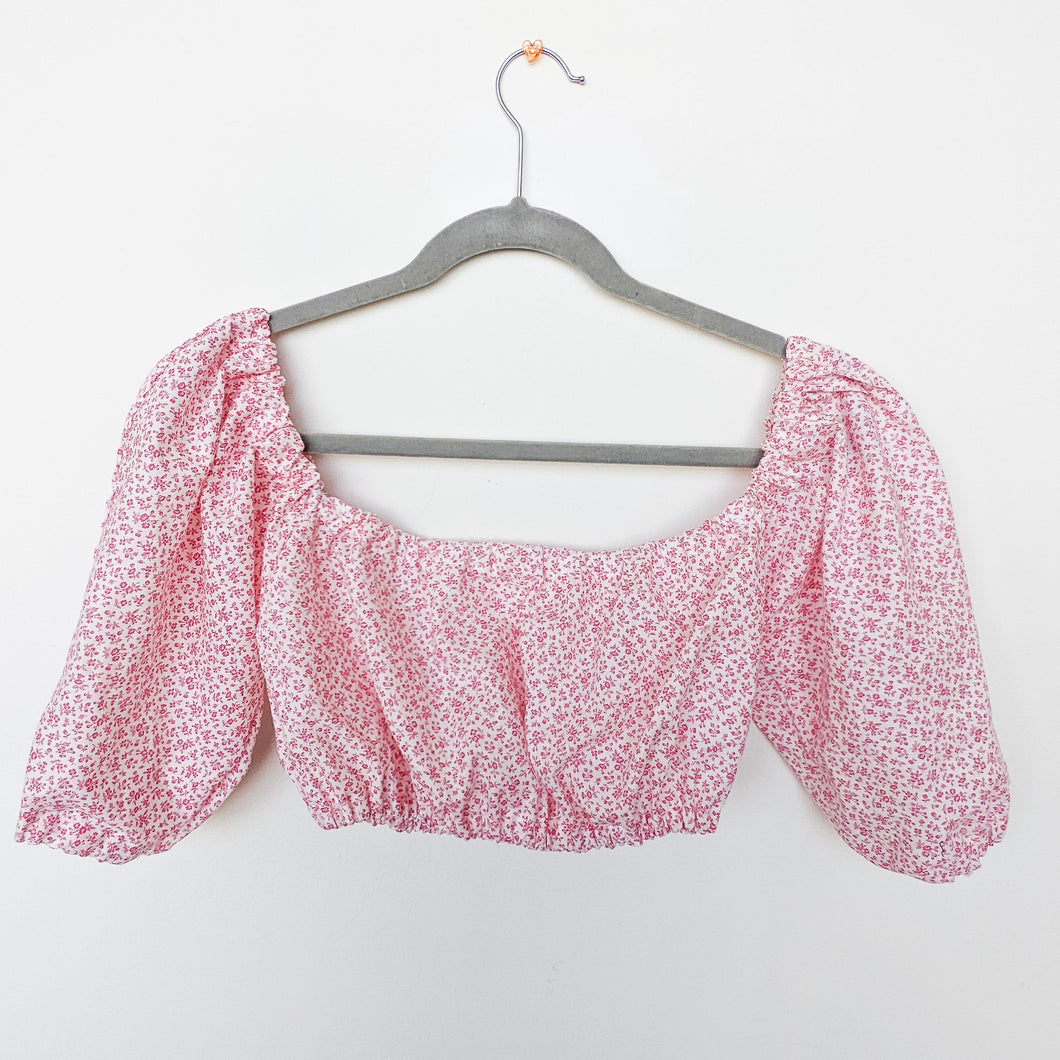 Handmade white/pink floral puff sleeve top