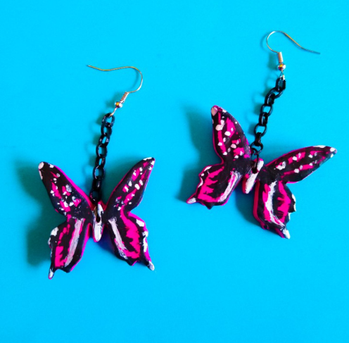 Pink hand painted butterfly earrings