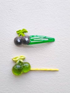 Green and black cherry hair clip/bobby pin set