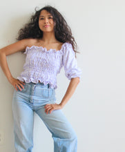 Load image into Gallery viewer, handmade one puff sleeve shoulder lavender floral crop top
